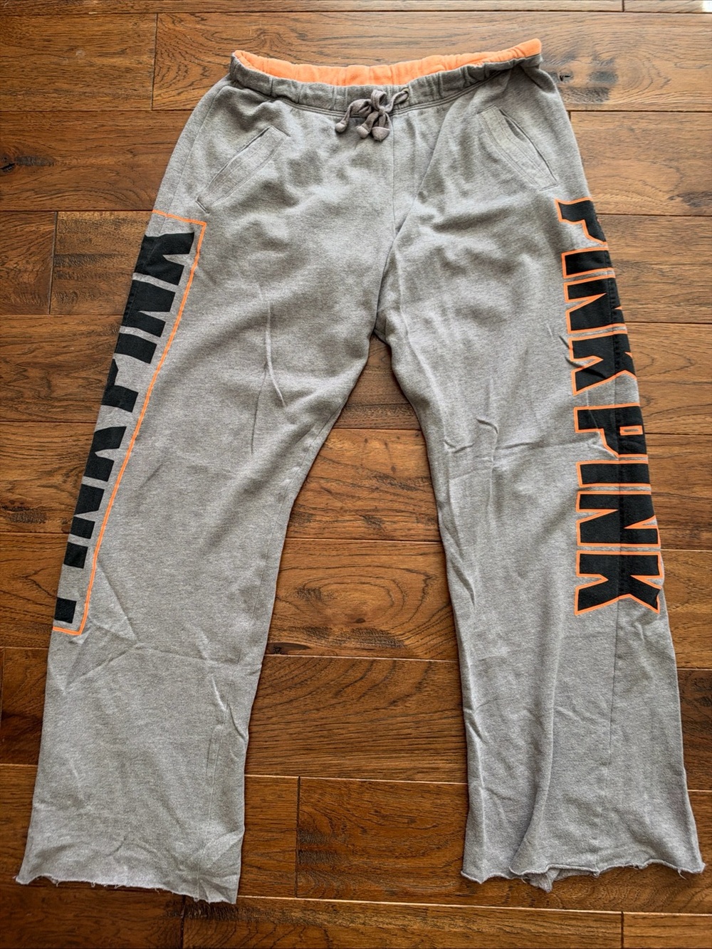 y2k victorias secret pink Wide Leg Sweatpants Gray Orange Xs Graphic Raw Hem
